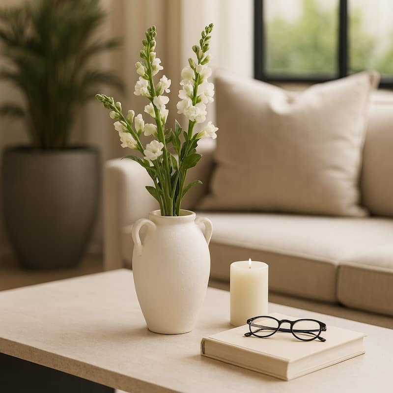 Neutral Ceramic Textured Amphora Jug with Handles Vase - White