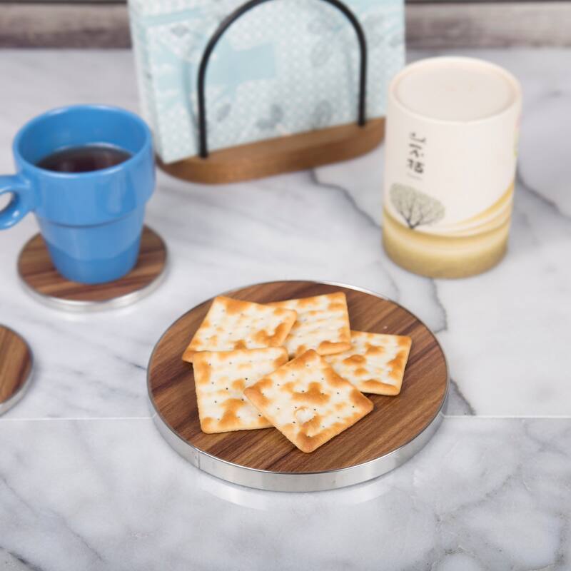 Creative Home Fiber 7" Round Trivet, Serving Board Acacia Wood Finish and Stainless Steel Trim