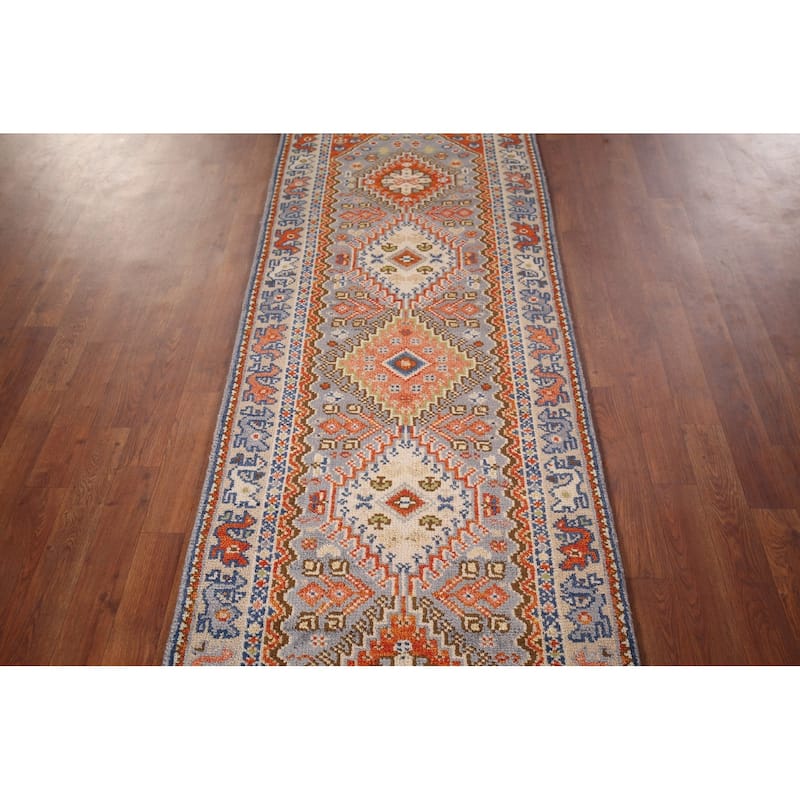 Gray Geometric Kazak Oriental Runner Rug Handmade Wool Carpet - 2'6"x 8'0"