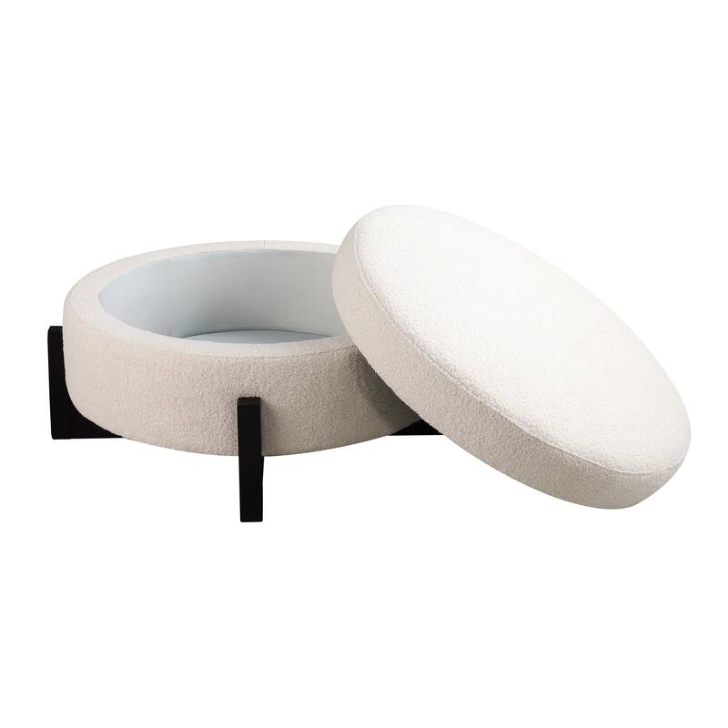 Stylish Round Beige Ottoman with Storage, Oak Fold-Out Legs for Living Room & Bedroom