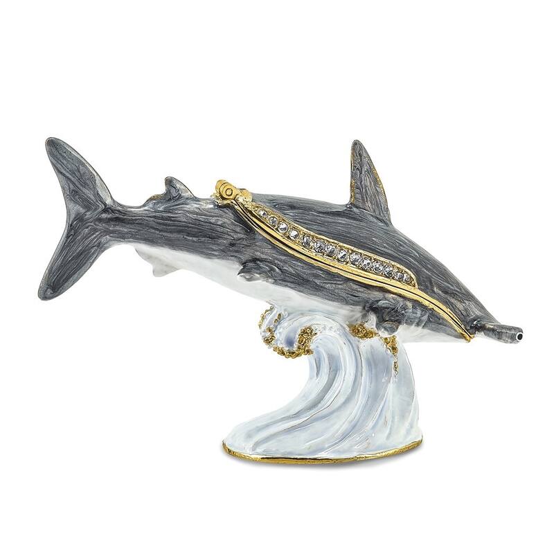 Curata Pewter Crystals Gold-Tone Enameled Clobber Hammerhead Shark Trinket Box on 18 Inch Necklace