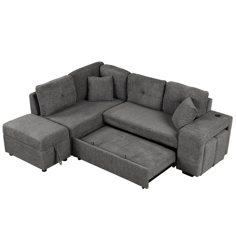 87.7" Chenille Sleeper Sectional Convertible Sofa Bed with Storage Ottoman, Wireless Charging and 2 Stools
