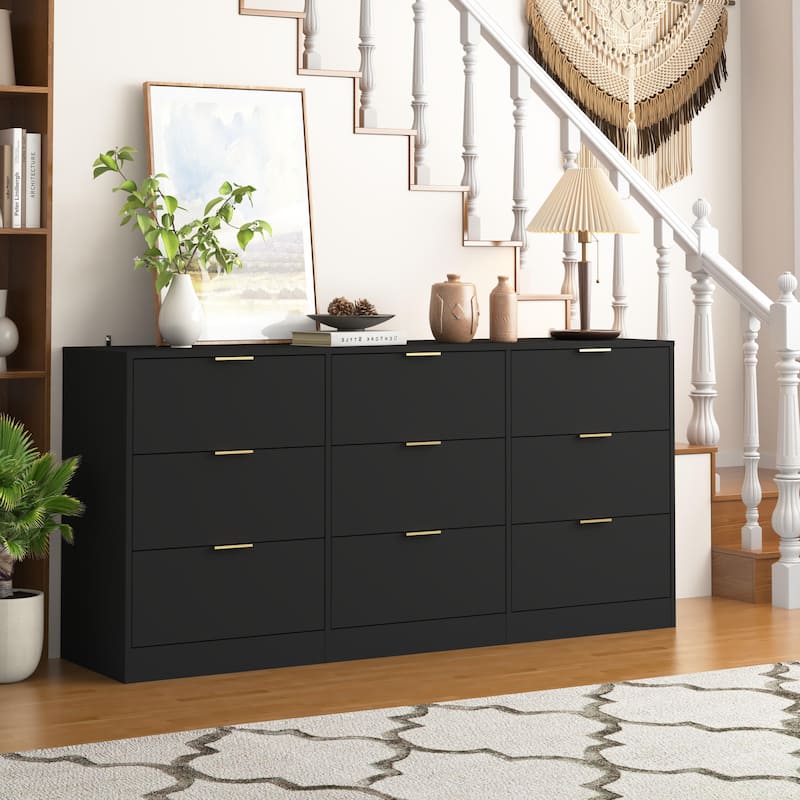 9 Drawer Dresser, 63" Large Deep Chest Of Drawers,Wooden Dresser Storage Cabinet With 9 Drawers, Long Dressers