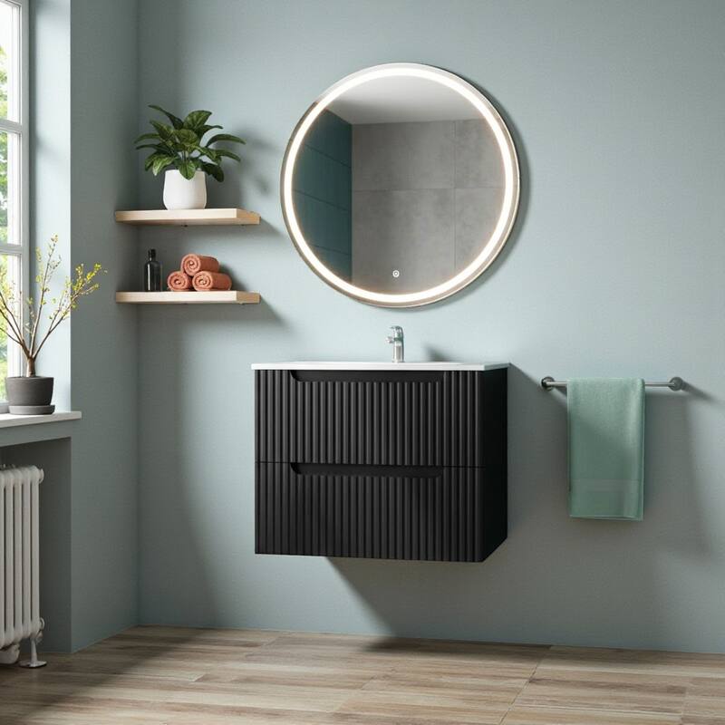 24" Wall Mounted Bathroom Vanity with Ceramic Sink, Floating Cabinet with 2 Soft-Close Drawers, Modern MDF Storage Combo