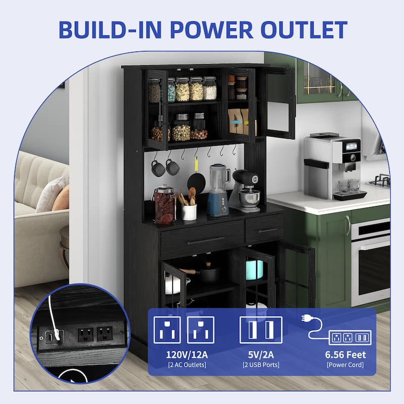 Moasis 71 Inch Tall Pantry Cabinet with Power Strip and Drawers for Kitchen Storage Organizer