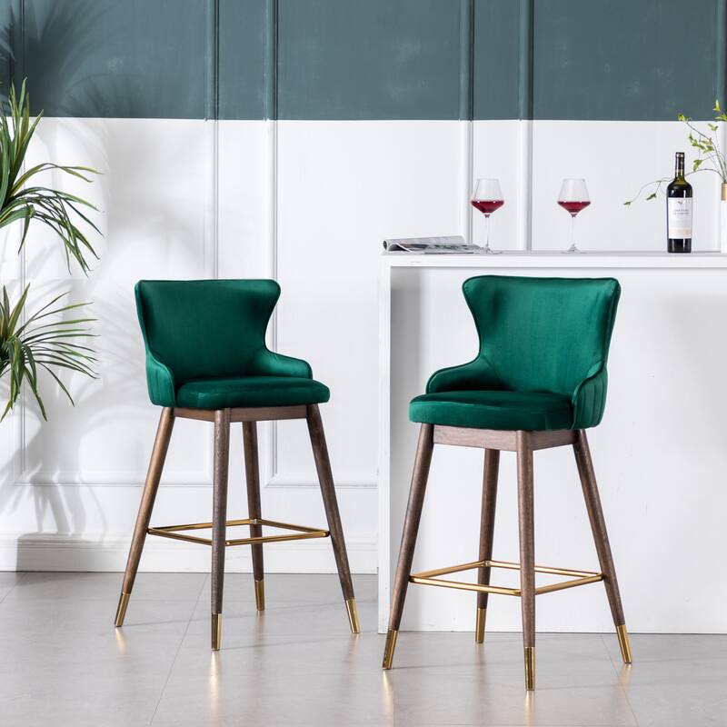 Velvet Fabric Upholstered Wingback Bar Stools Set of 2, Counter Height Bucket Barstools with Footrest for Kitchen, Dining Room