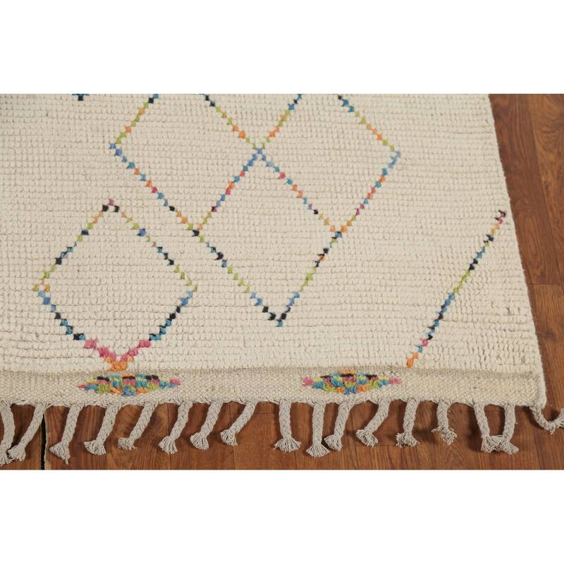 Ivory Geometric Moroccan Oriental Area Rug Handmade Wool Carpet - 5'11"x 9'6"