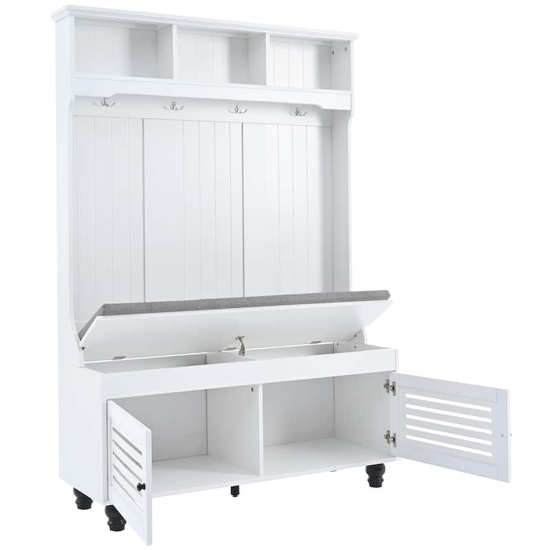 Roomfitters Hall Tree with Shutter Doors, Entryway Bench with Cushion, Hooks and Storage Organizer