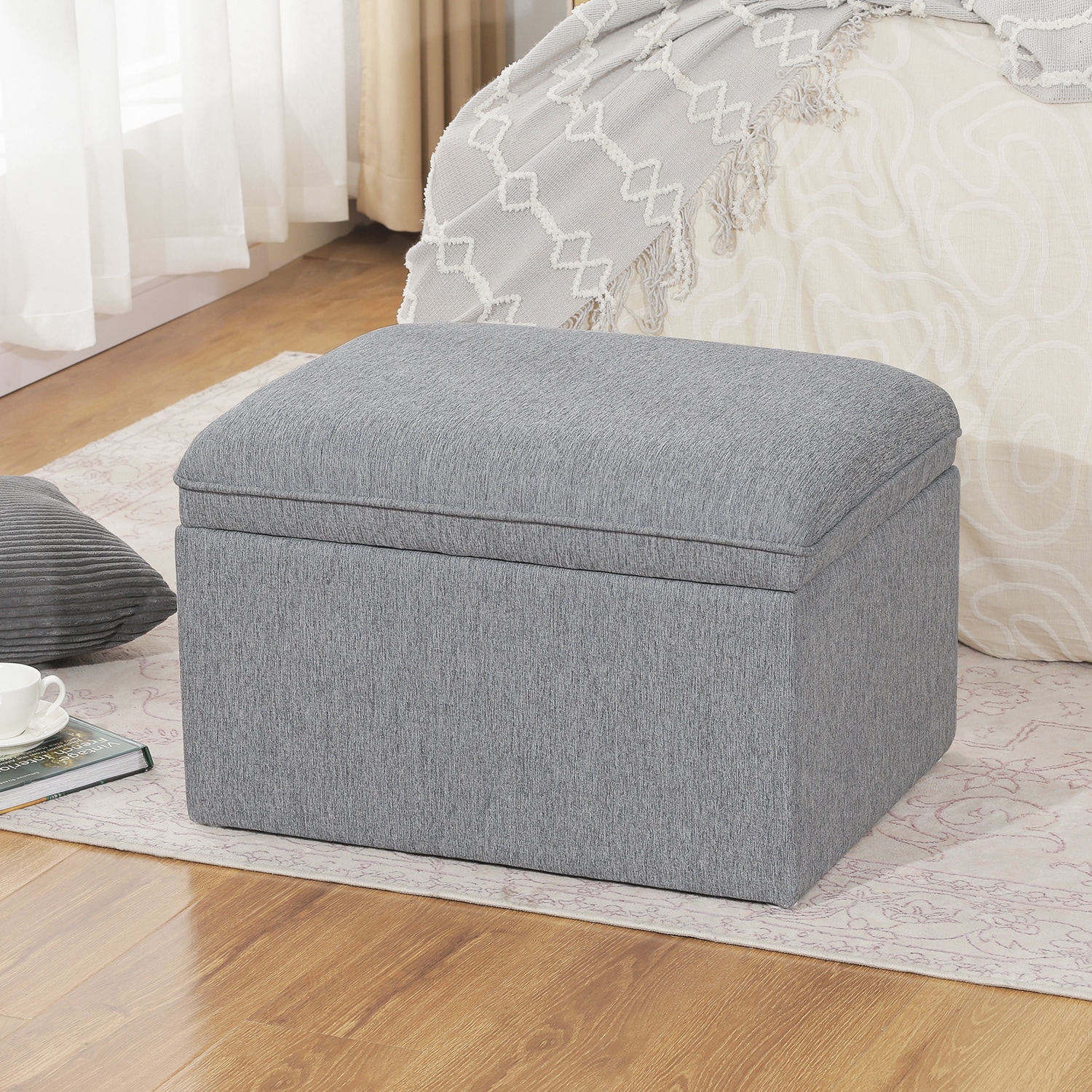 Adeco 24"W Linen Storage Ottoman Bench - Grey