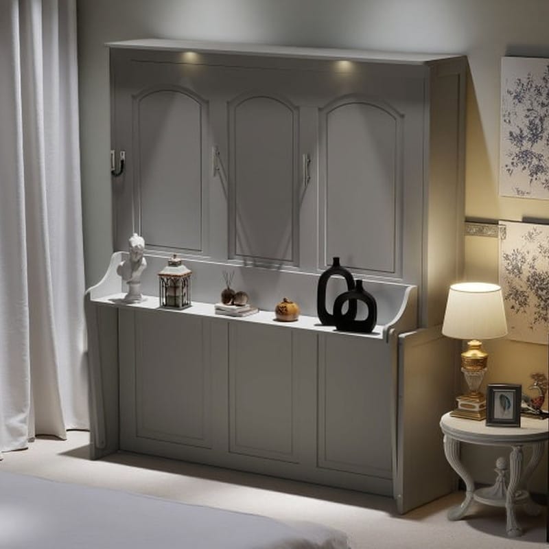 Queen Wall Bed with Foldable Desk, Built-In LED Lighting & USB Ports, Space-Saving Murphy Bed Design