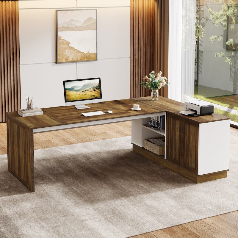 79-Inch Modern L-Shaped Desk with File Cabinet - Brown & White