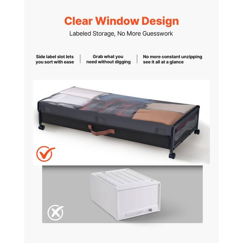 2-Pack Under Bed Shoe Clothing Organizer with Lockable Casters Handles and Clear Top Panel - 35.6 x 15.5 x 5.1 inch