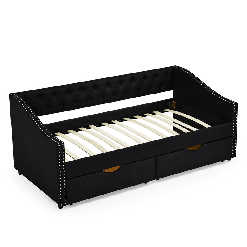 Roomfitters Twin/Full/Queen Upholstered Daybed with Tufted Backrest, Nailhead Trim and Underbed Storage Trundle