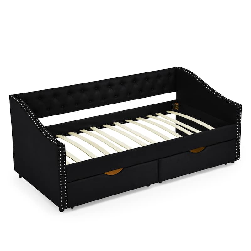 Tufted Button Daybed with 2 Storage Drawers/Upholstered Sofa Bed Frame w/Copper Nail on Waved Shape Armrests/No Spring Box Need