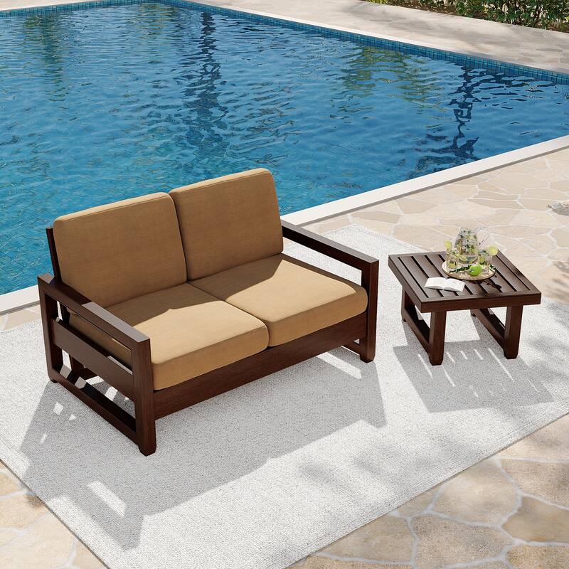 Teak Loveseat Patio Set with Cushions and Table (2-Piece)