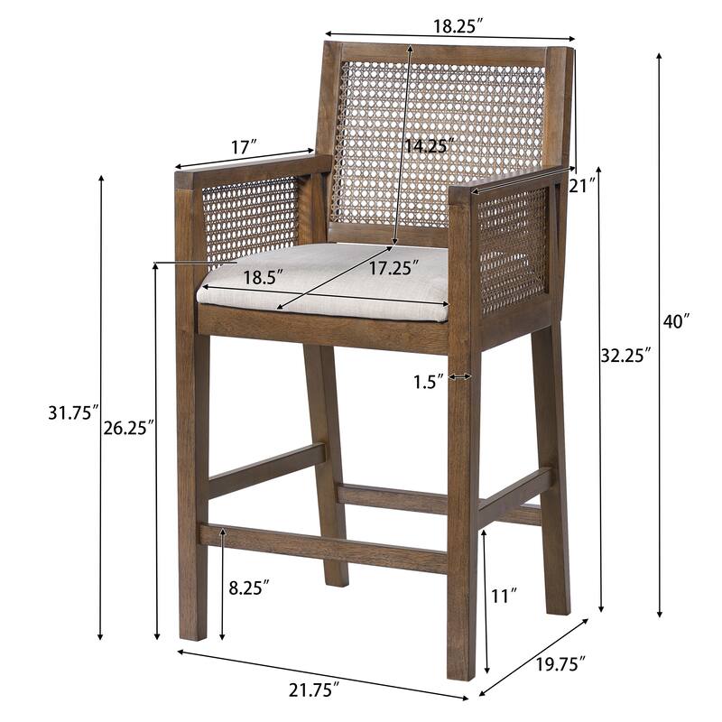 Christopher Knight Home - French Country Wood & Rattan Counter Stools with Upholstered Seat and Arms - Set of 2