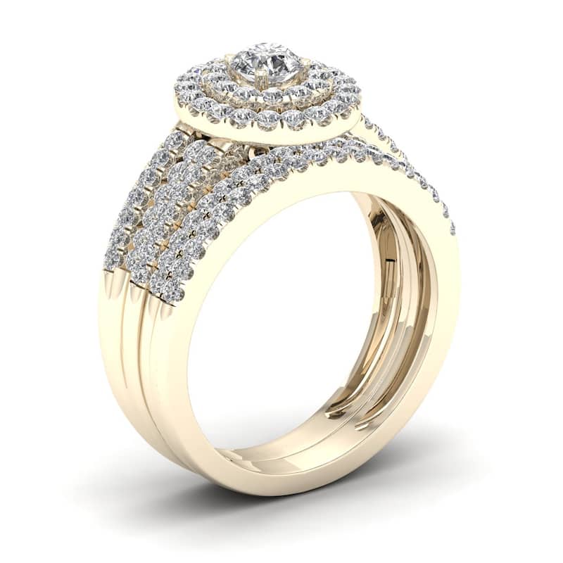 1ct TDW Diamond Double Halo Bridal Ring Set in 14k Yellow Gold for Women