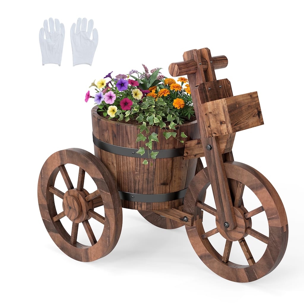 Gymax Rustic Wood Tricycle Planter w/Barrel Pot & Storage Box for