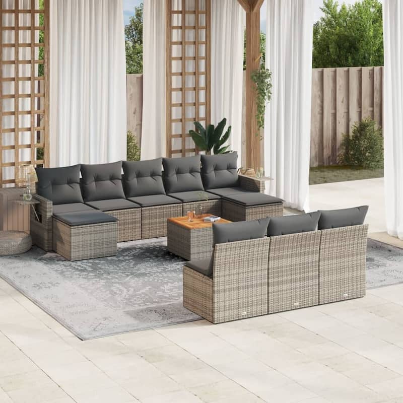 vidaXL Garden Sofa Set 11 Piece with Cushions Outdoor Sofa Set Poly Rattan - 24.4 x 24.4 x 27.2 in (W x L x H) - Grey