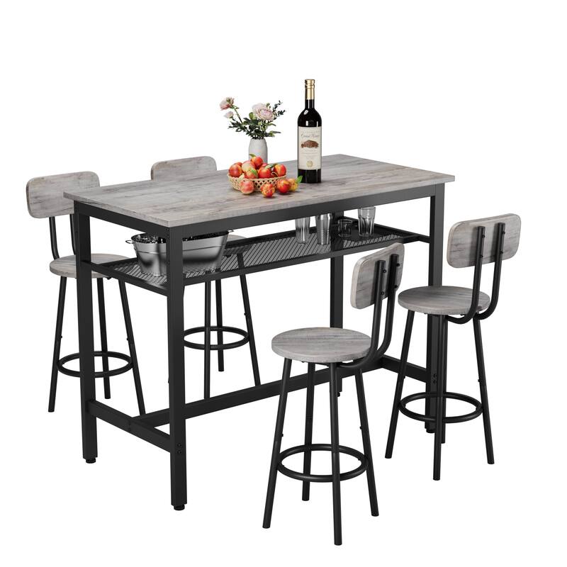 5-Piece Pub Table Set with Shelf Storage & 4 Stools, Multi-Functional Corner Bar Table Set with Backrest Stools, Antique Grey