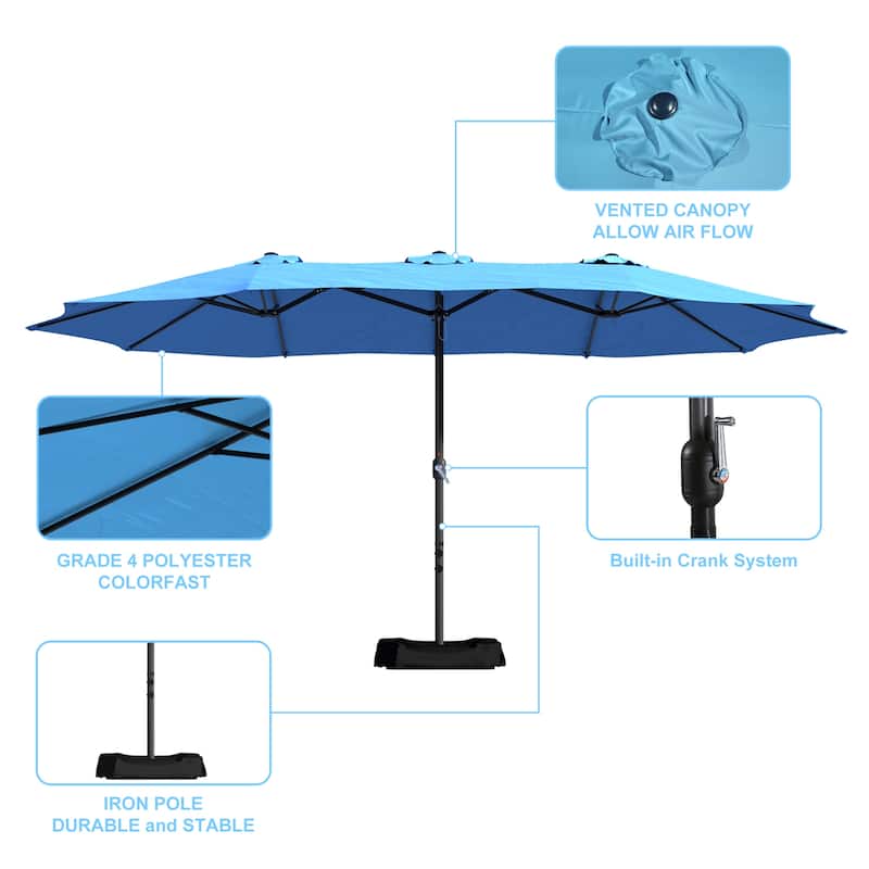 Clihome 15 Ft Outdoor Rectangular Crank Market Umbrella with Base