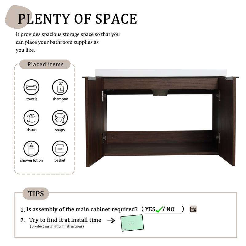 BNK 24"/30"/36" Single Sink Bathroom Vanity with Soft Close Door, Modern Floating Vanity