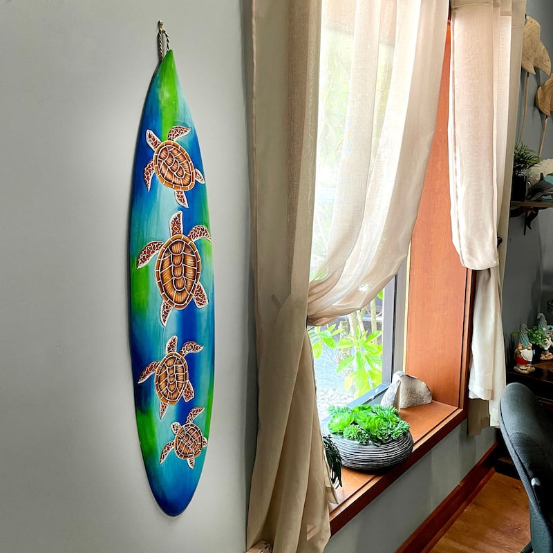 Wooden Sea Turtle Surfboard Wall Decor 38.5" Tropical Ocean Beach Art