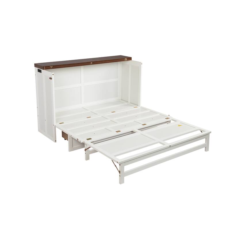 Roomfitters Queen Bed Cabinet with Storage Compartment & Charging Station, USB Ports, Solid Pine Space Saving Bed, White Walnut