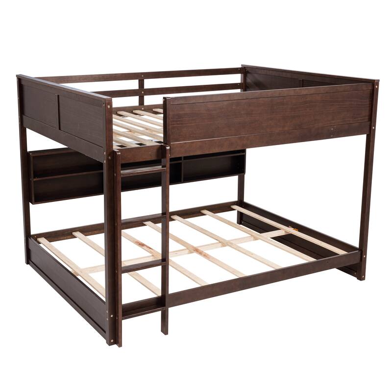 Queen-Over-Queen Pine Bunk Bed with 6 Storage Cabinets, Charging Station and Safety Guardrails