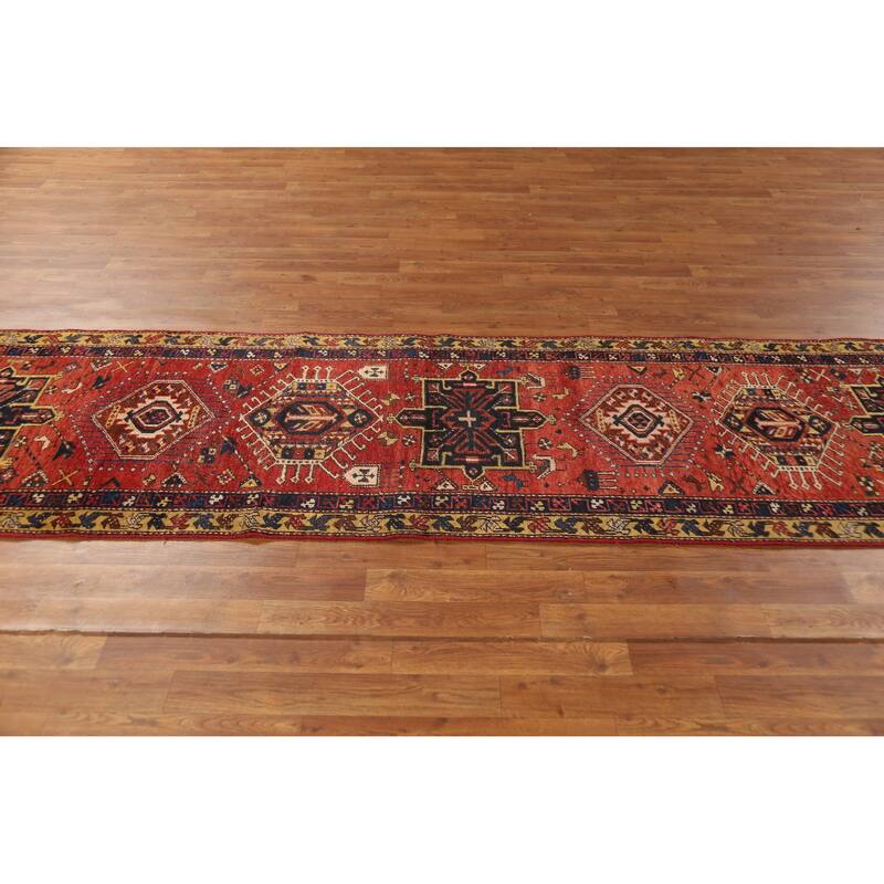 Hand Knotted Oriental 100% Wool Carpet Traditional Geometric Oranges & Rust Heriz Runner Rug - 10' 4'' X 2' 7''