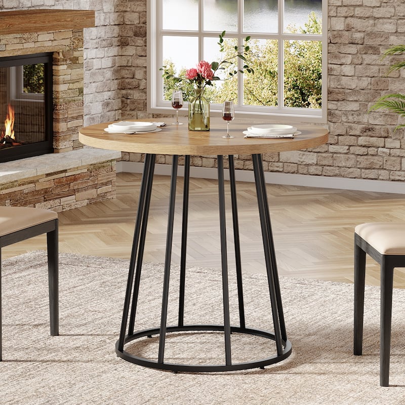 31.5" Round Dining Table, Small Kitchen Dinner Table with Metal Base - Brown