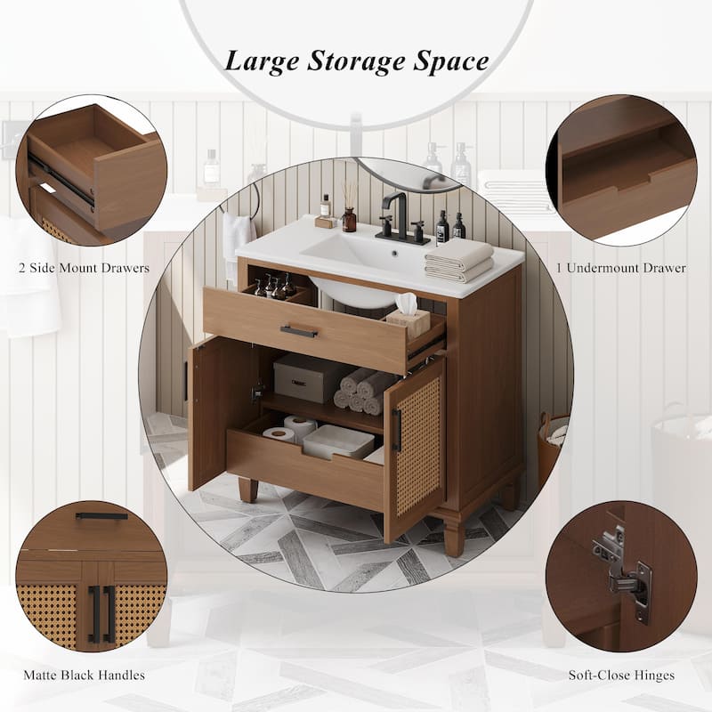 36" Rattan Bathroom Vanity with Ceramic Sink, Modern Bathroom Sink Cabinet with 2 Soft Close Doors and 3 Drawers
