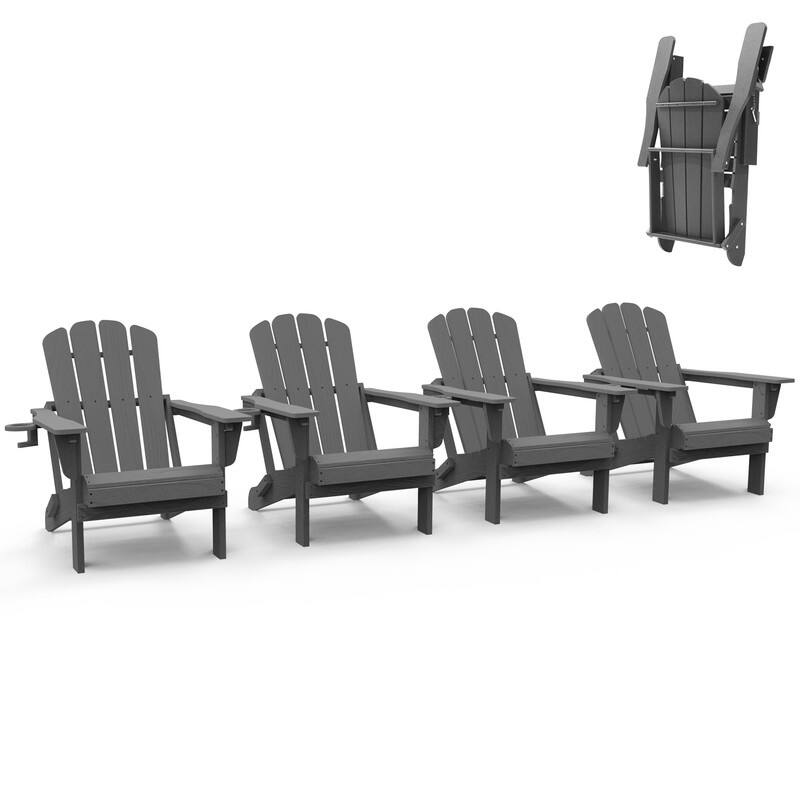 Domi Folding Adirondack Chair,Wooden Textured with Cup Holder,HDPE - 4 Folding Chairs - Grey