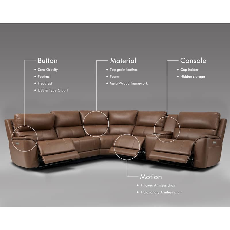123''W Luxury Premium Genuine Leather Triple-Power Double Width Sectional Sofa with Zero Gravity,USB & Type-C Ports