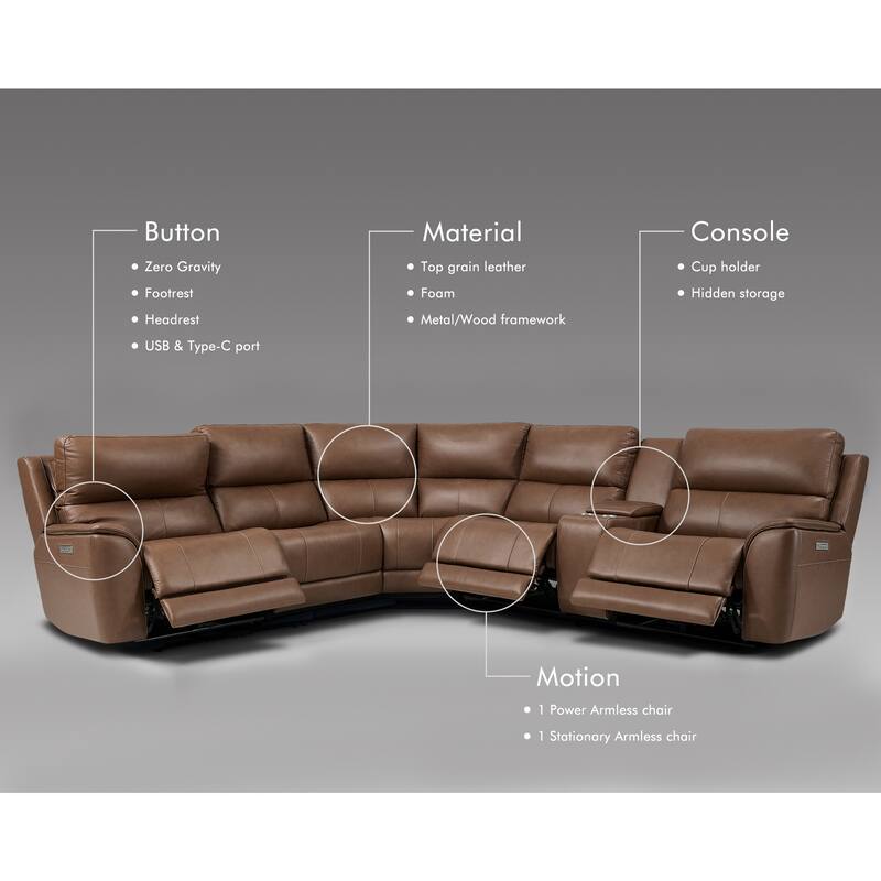 123''W Luxury Premium Genuine Leather Triple-Power Double Width Sectional Sofa with Zero Gravity,USB & Type-C Ports