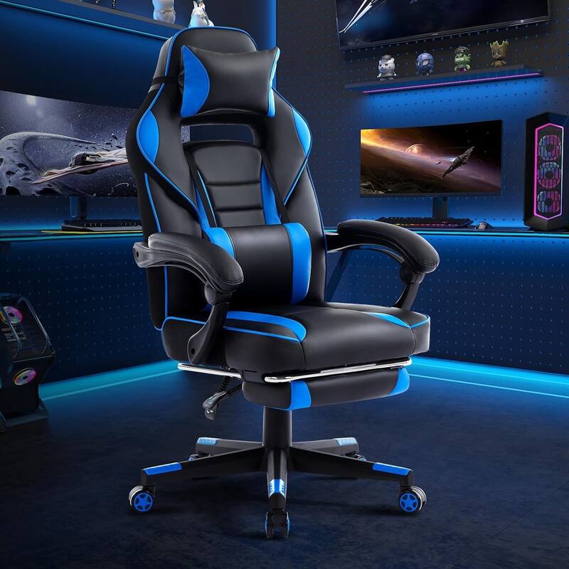 Office Gaming Chair with Footrest Adjustable Headrest for Gaming Working Relaxing - Blue