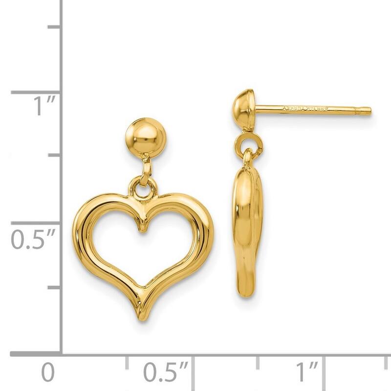 Curata 14k Yellow Gold 19x13mm Polished Open Heart Post Dangle Earrings