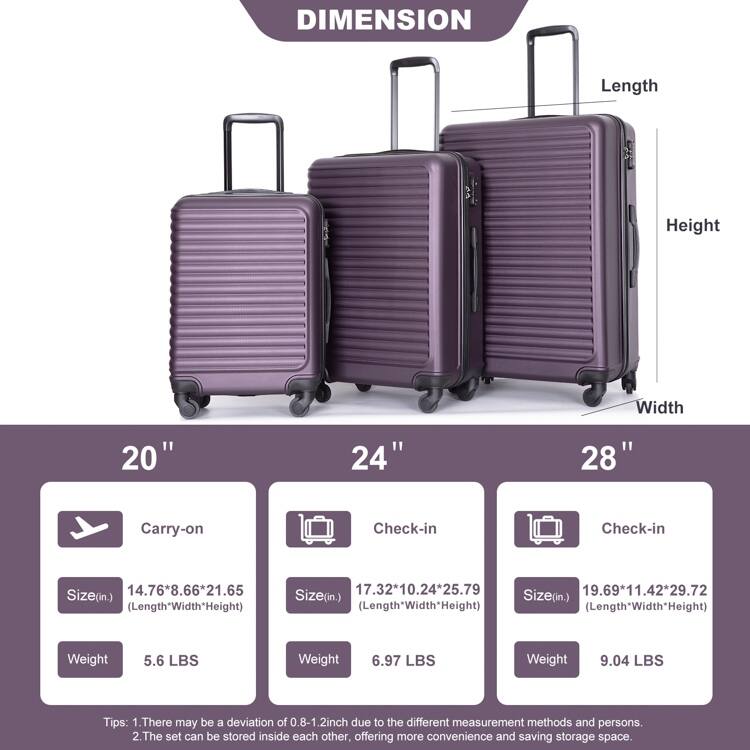 Durable 3-Piece ABS Luggage Set, Carry-On 20", Check-In 24" & 28" with Spinner Wheels