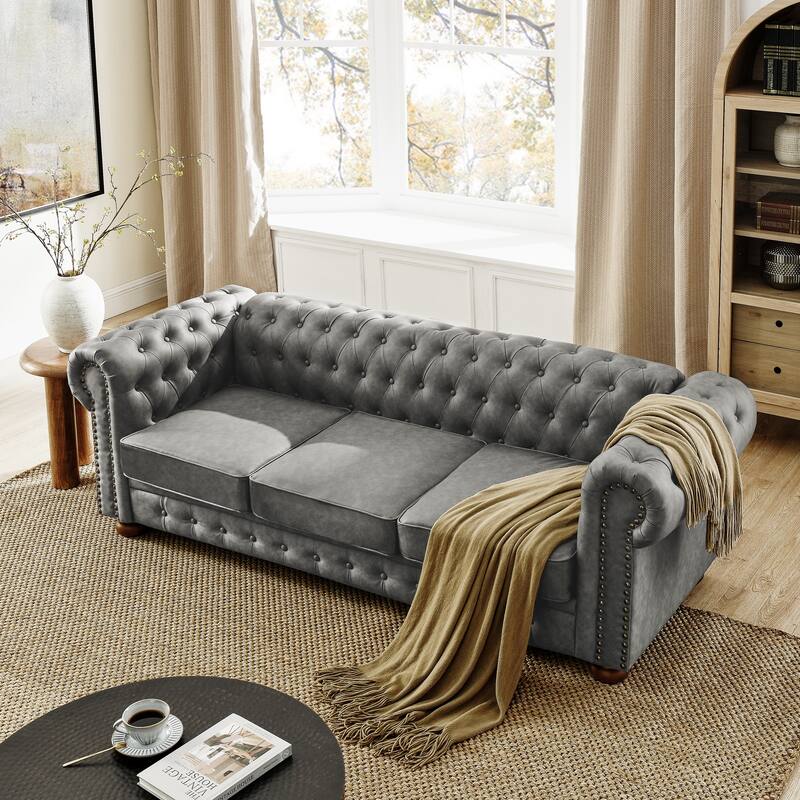 Chesterfield PU Upholstered Sofa, Button Tufted Sofa with Scrolled Arms, 3-Seater Deep Seat Sofa with Nailhead Trim & Wood Legs