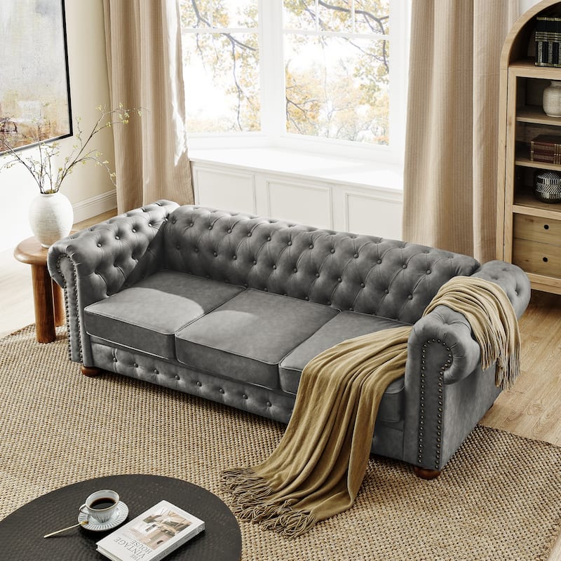 Roomfitters Chesterfield Tufted Linen Upholstered 3-Seater Sofa with Scrolled Arms and Nailhead Trim