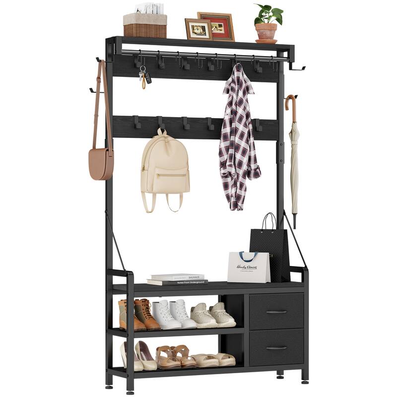 6-in-1 39.4"Hall Tree with Bench Entryway Shoe Rack w/24 Hooks & 2 Drawers