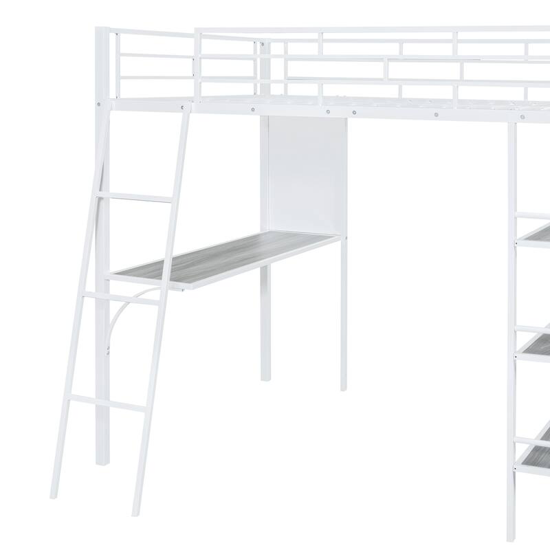 Stylish Loft Metal Bed with 3-Layer Shelves, Built-in Desk & Whiteboard - Modern Frame Design