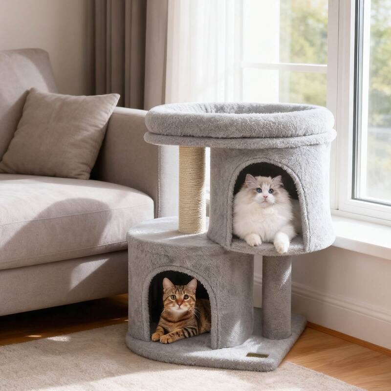 Costway 26” Small Cat Tree with Large Padded Plush Perch, 2 Condos, - See Details