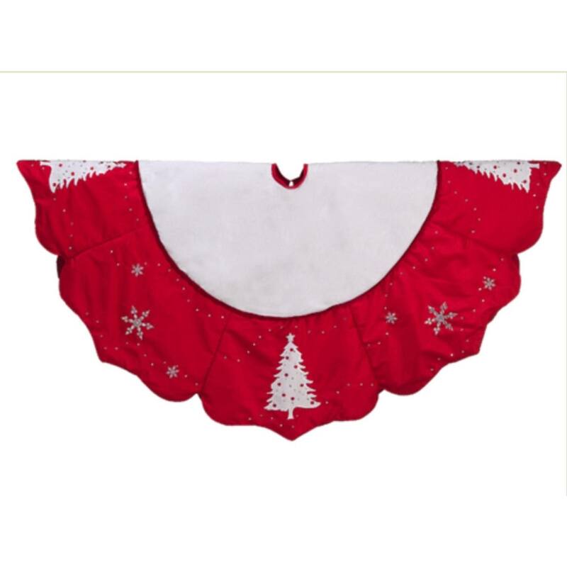 54" Red and White Embroidered Jeweled Tree with Snowflake Christmas Tree Skirt - 54