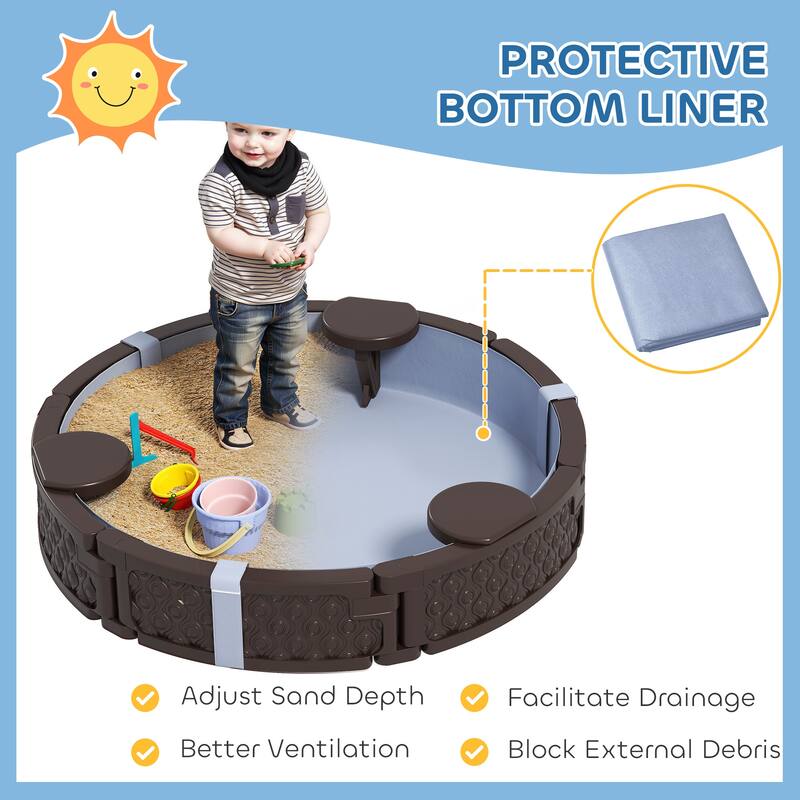 Dark Brown HDPE Kids Sandbox with Four Built In Seats Large Outdoor Play Sandpit with Protective Cover and Bottom Liner