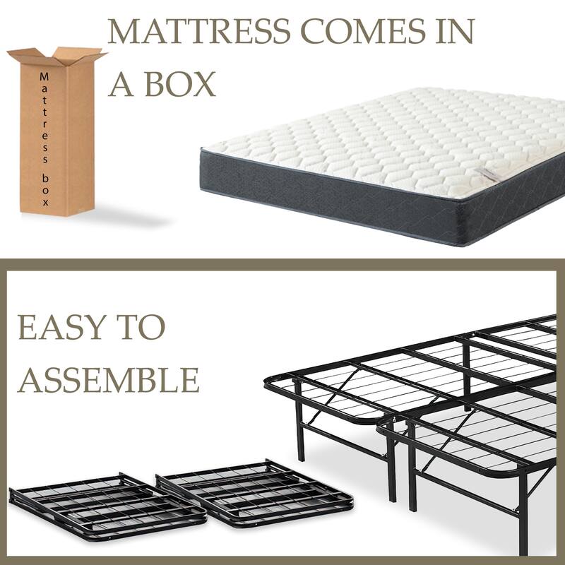 Onetan Mattress and Platform Bed Set, 10-Inch Memory Foam Medium Tight Top Hybrid Mattress and 14" Metal Platform Bed