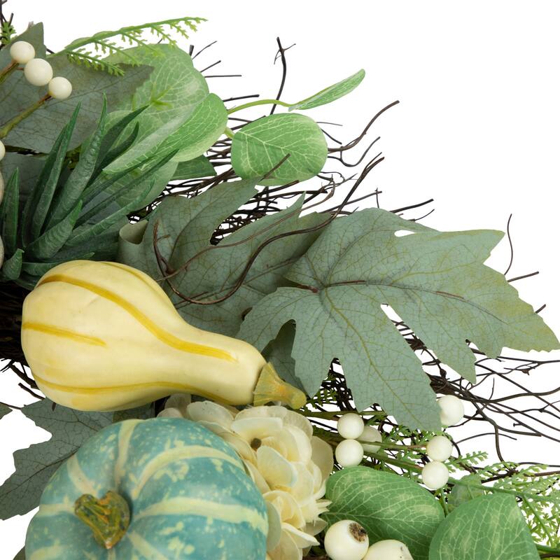 Green White Pumpkins Berries Artificial Fall Harvest Wreath 22" Unlit