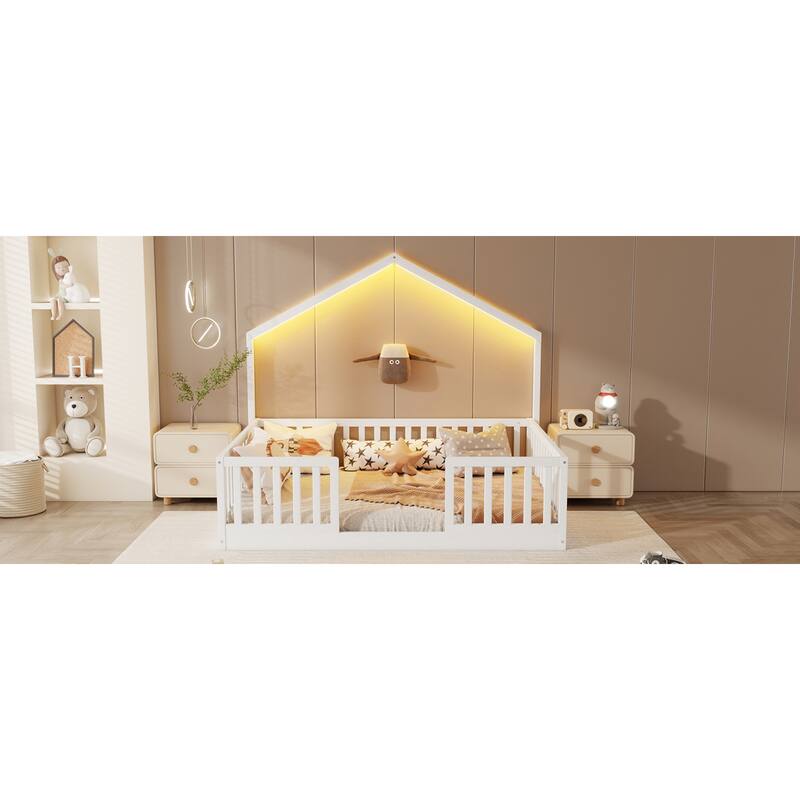 Roomfitters Twin/Full Floor Platform Bed, House Frame and LED Light with Wooden High Rails for Bedrooms or Guest Rooms