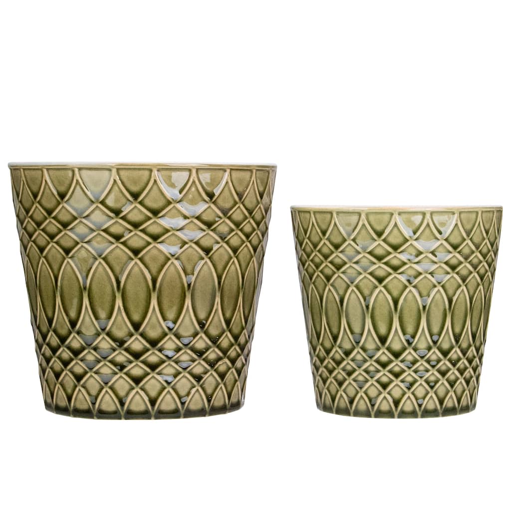 Set of 2 Green Geometric Patterned Planters 6.5"