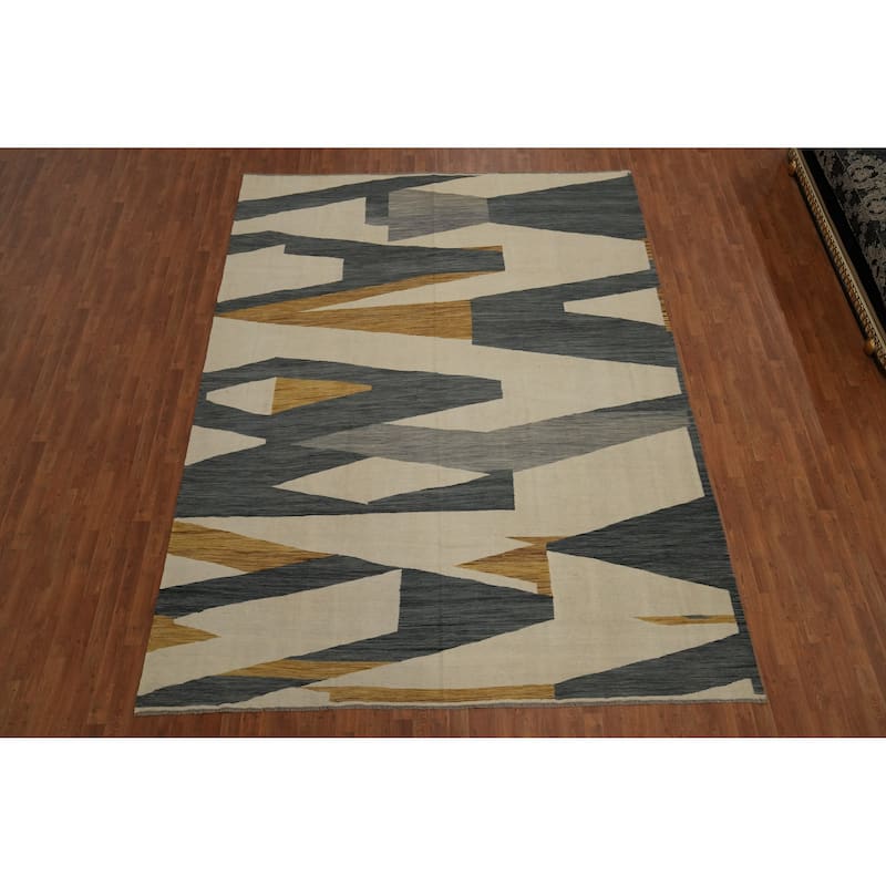 Hand Woven Oriental 100% Wool Carpet Southwestern Modern Beige & Ivories Kilim Area Rug - 12' 2'' X 9' 0''